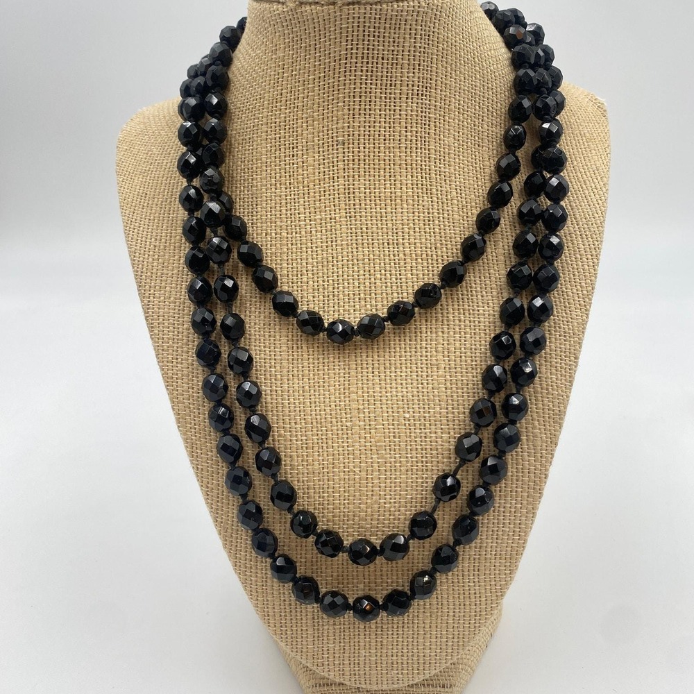 Vintage Faceted Black Glass Beaded Necklace, Hand Knotted, Screw Back